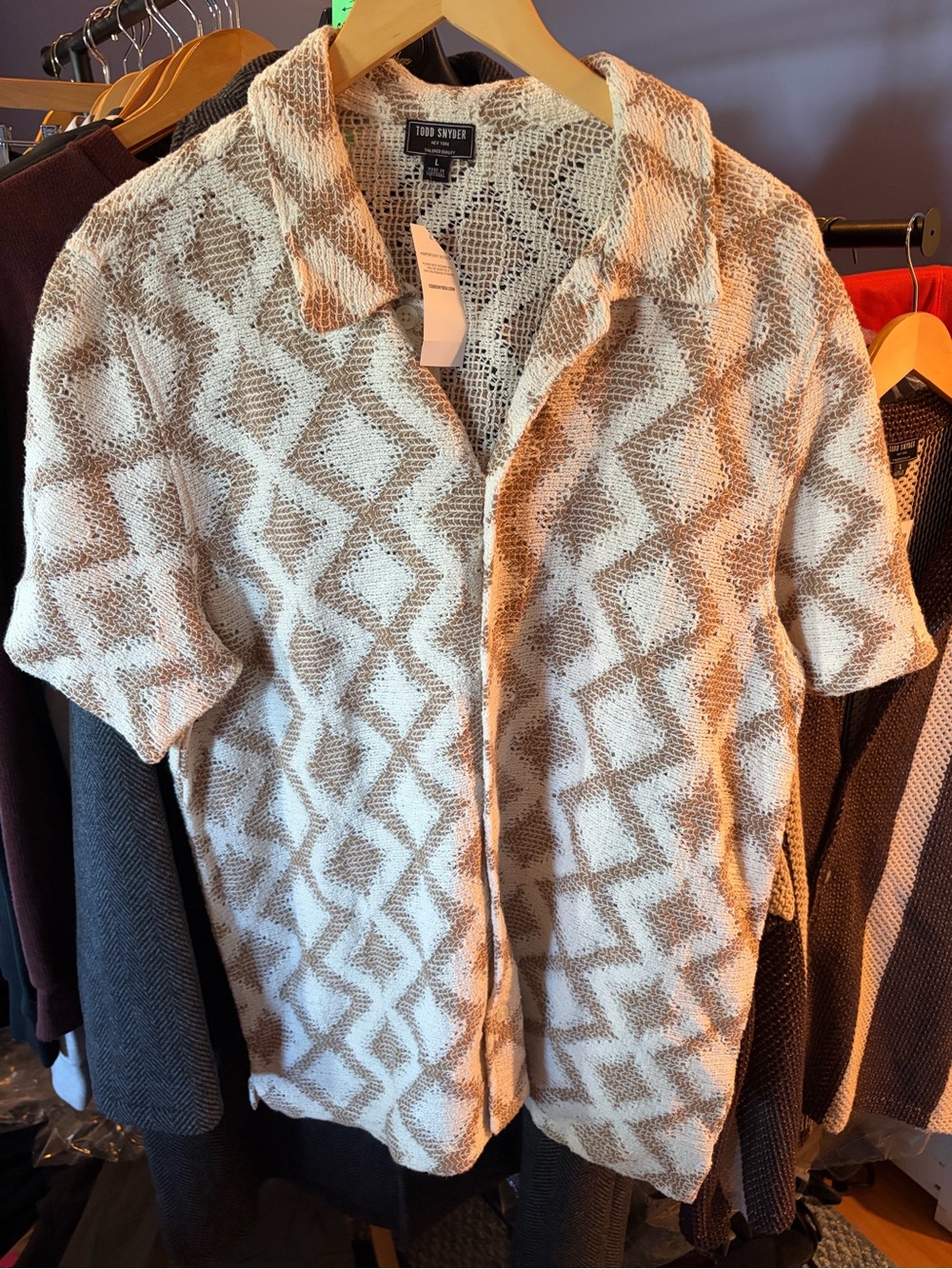 Todd Snyder Short-Sleeve Knit Shirt – Cream and Brown Pattern